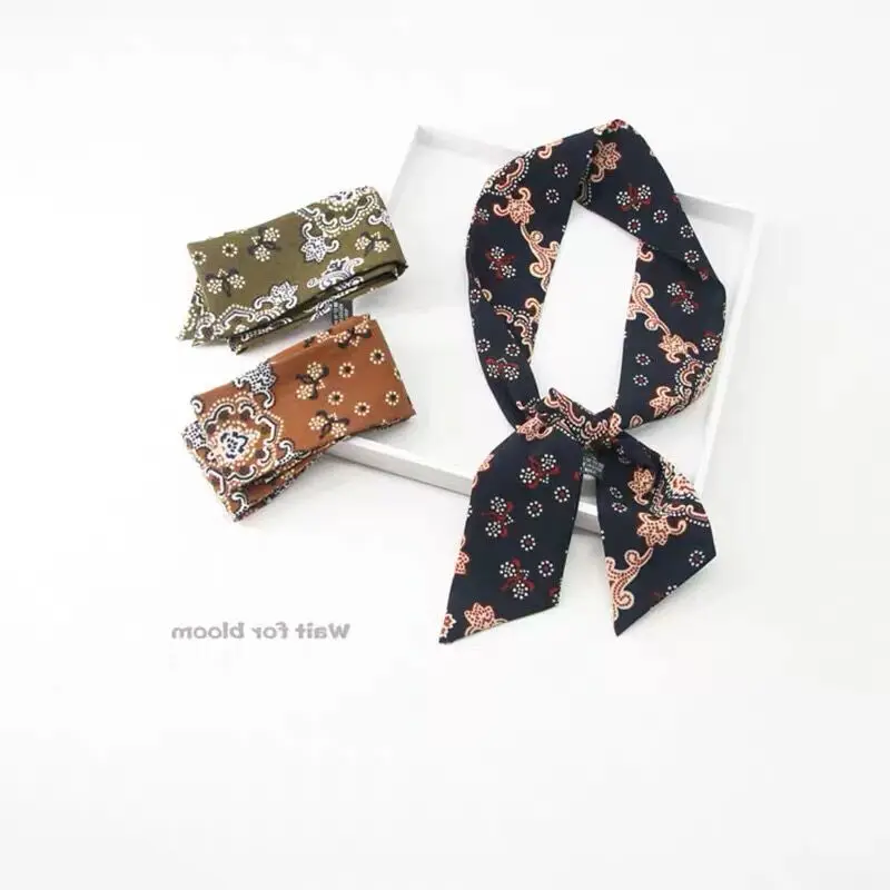 navy vintage flower Luna& Dolphin, женский длинный шарф, 86x6 см, черно-белые шифоновые шелковые шарфы, богемский клетчатый галстук, шарф, повязка на голову, сумка, лента, цветок, колье - Цвет: navy vintage flower