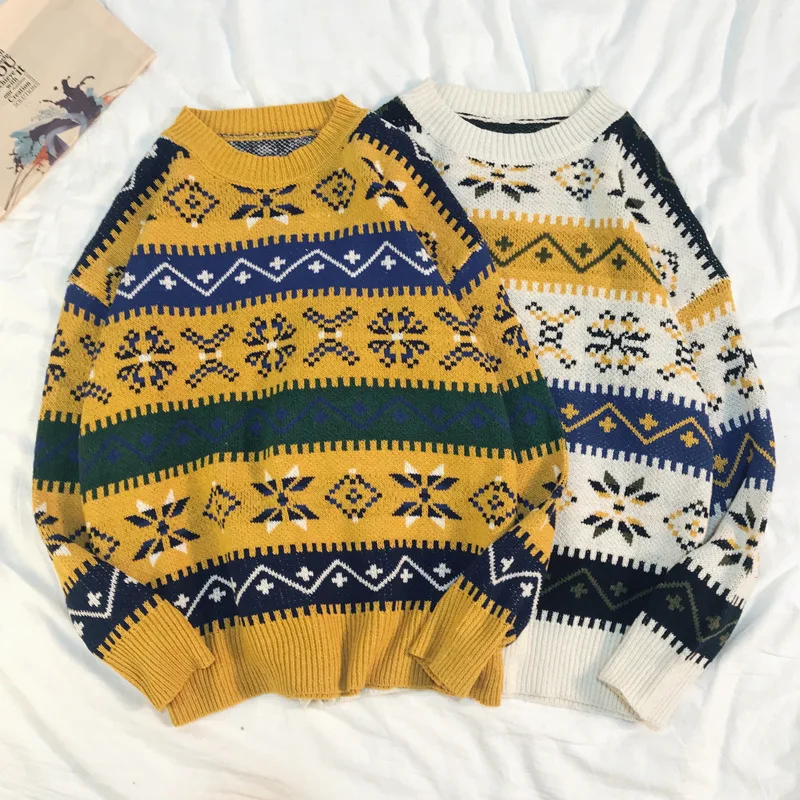 2020 Vintage Sweater Women Oversized Long Sleeve Loose O-Neck Knitted White Geometric Pattern Embroidery Sweaters Female | Женская