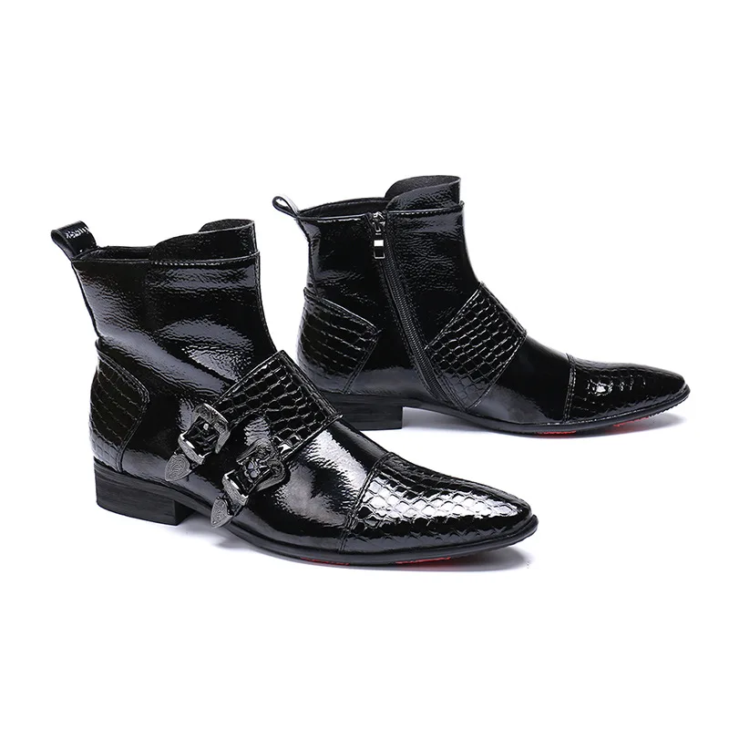 

New Punk Leather Men's Ankle Boots Metal Pointed Buckles Wedding Shoes Model Catwalk Shoes British Business Dress Shoes