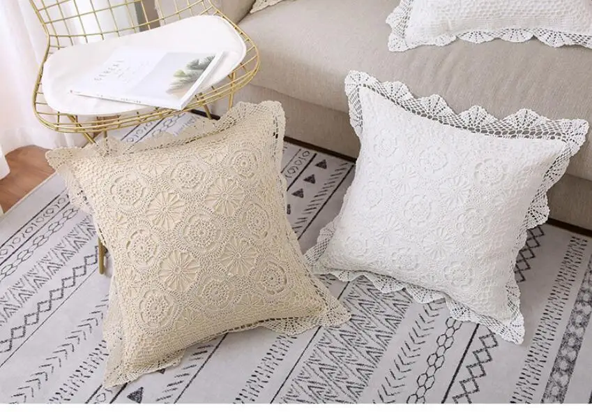 Handmade classilca floral crochet cushion cover hook flowers pillow case decorative throw lace border pillowcase Sofa
