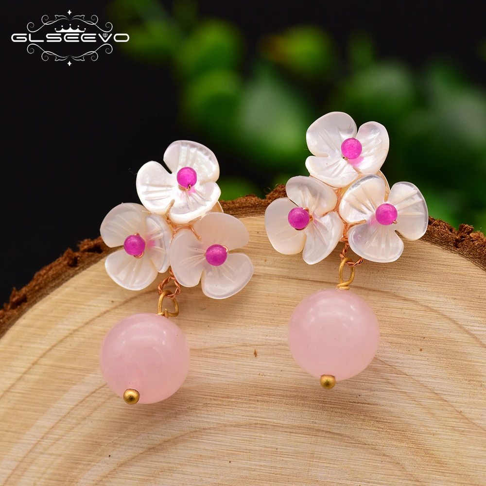 

GLSEEVO Natural Pink Round Crystal Drop Earrings Women Shell Flower Fresh Water Pearl Dangle Earrings 925s Jewelry Brinco GE0043