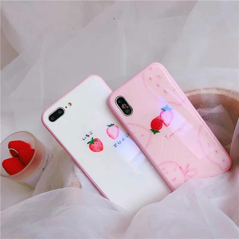 Каваи японский клубника письмо чехол для телефона для iPhone 6 6 Puls 6S 7 8 Puls X XS чехол s Закаленное стекло Мягкий силиконовый чехол
