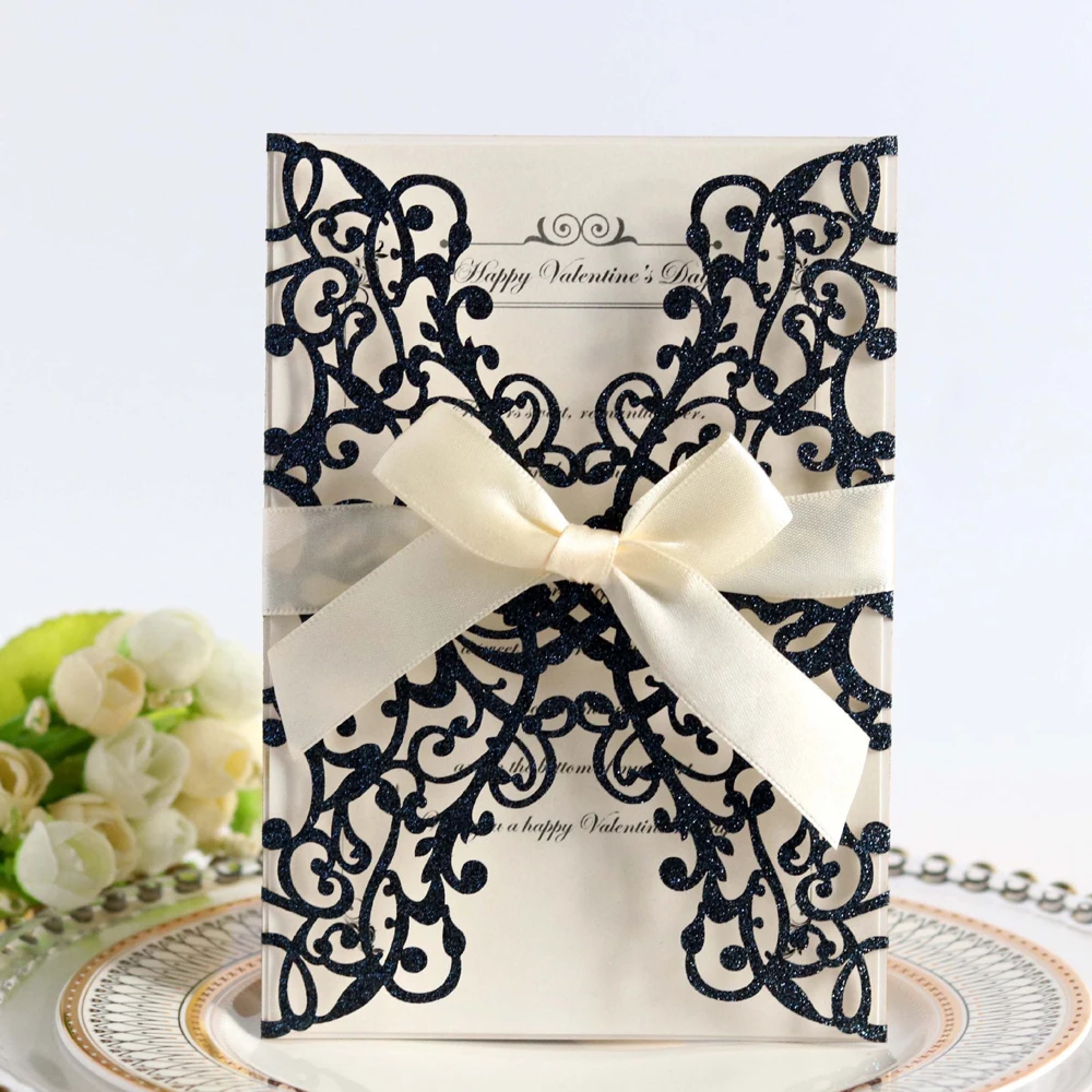 

100PCS Wedding Invitations with Glittery Laser Cut Invites Cards Bowknot for Bridal Shower Party Supplies Customizable
