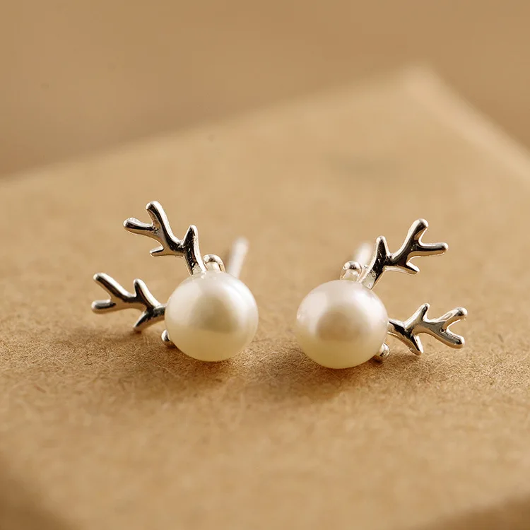 

925 sterling sv antlers pearl earrings women Korean version of the earrings fashion simple woman gift