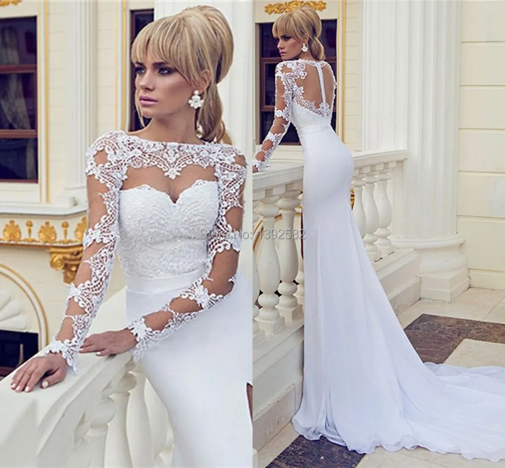 MANSA Vestidos De Noiva 2015 Sexy Sheath Appliques Lace Wedding Dresses Long Sleeves Bridal Gown with Slit For Wedding&ampEvents | Свадьбы и