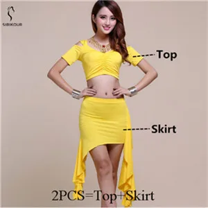 Yellow 2pcs Костюм для танца живота практическая одежда сценическая одежда для взрослых Восточный Болливуд индийский Топ Юбка Пояс тренировочная одежда 8 цветов - Цвет: Yellow 2pcs
