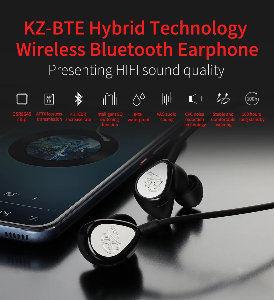 KZ BTE, беспроводные Bluetooth наушники, гибридная технология, спортивные наушники, водонепроницаемые, HIFI, басы, наушники в ухо, монитор, гарнитура APTX