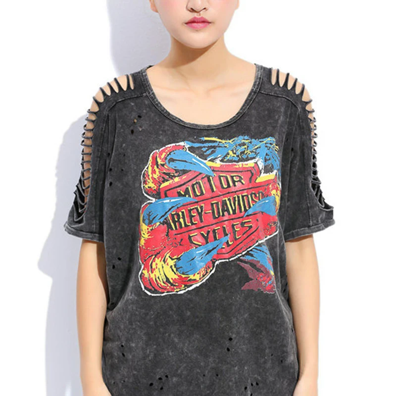 Women Punk Rock T-shirt Graffiti Print Vintage Hollow Out Batwing Sleeve Washed Tees Hip Hop Plus Size Tops | Женская одежда