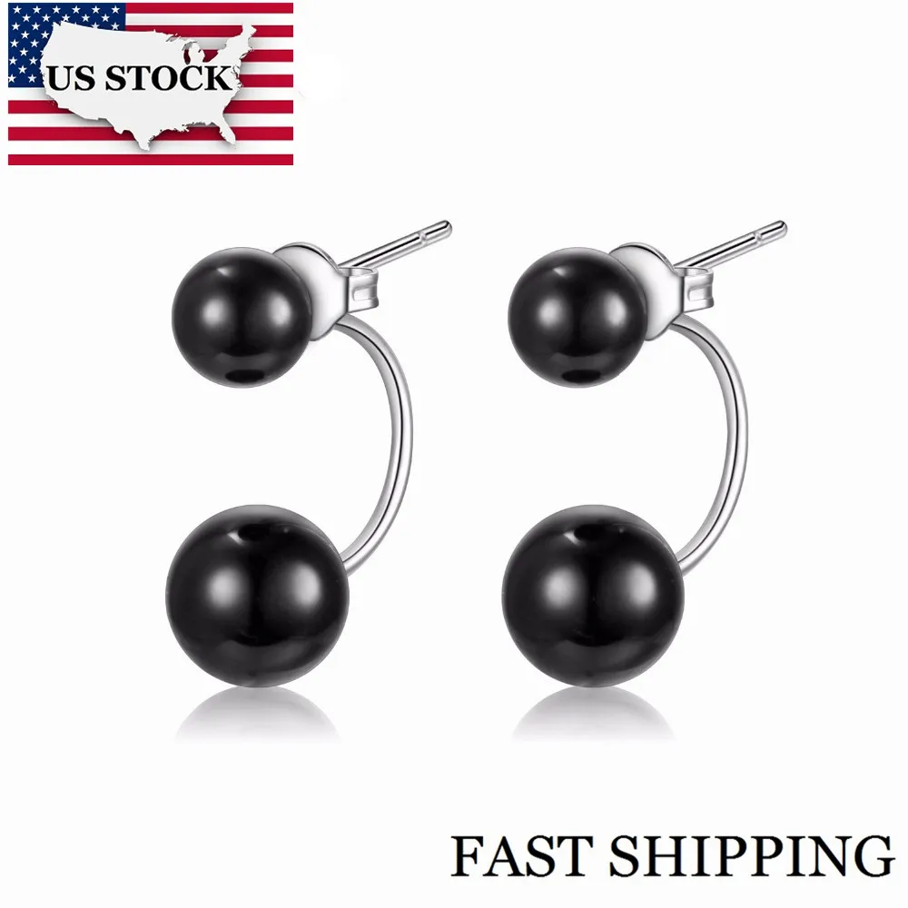 Женские серебряные серьги гвоздики с черным камнем Двухсторонние камнями для