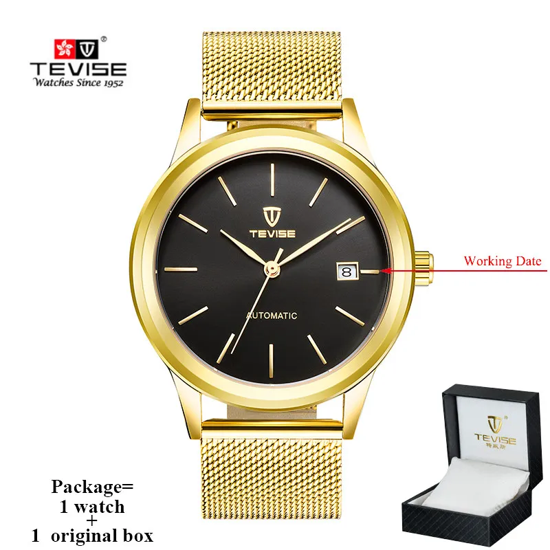gold black n box TEVISE роскошные часы лучший бренд Мужские механические самостоятельно ветер часы Человек сетки Нержавеющая сталь Авто Дата Наручные часы 9017 - Цвет: gold black n box
