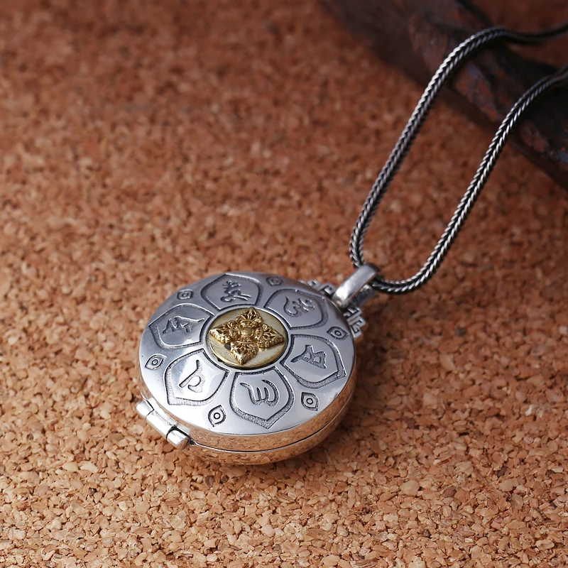925 sterling silver Vintage pendant Chinese style Om mani padme hum Kwu box for men and women fashion jewelry can opene | Украшения и