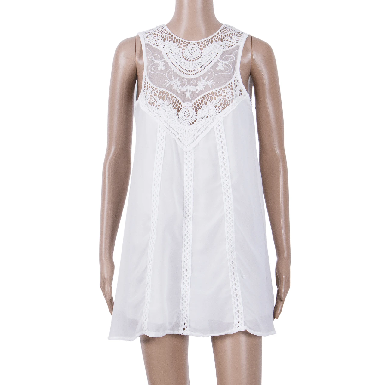 2017 Women Lace Sleeveless Casual Summer Dress Ladies Loose Beach BOHO Short Mini Hollow Out White Party Sundress | Женская одежда