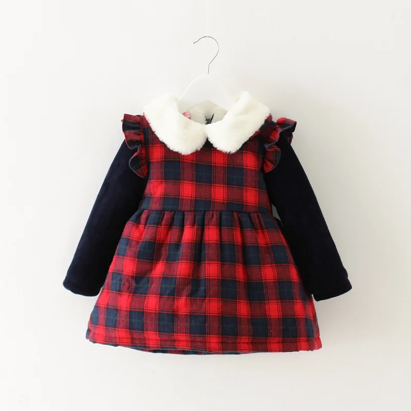 Baby girl print dresses kids winter baby dress Shear plush frocks casual plaid | Детская одежда и обувь