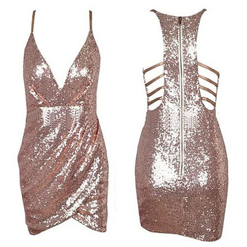 Женское сексуальное короткое мини платье с v образным вырезом и блестками на