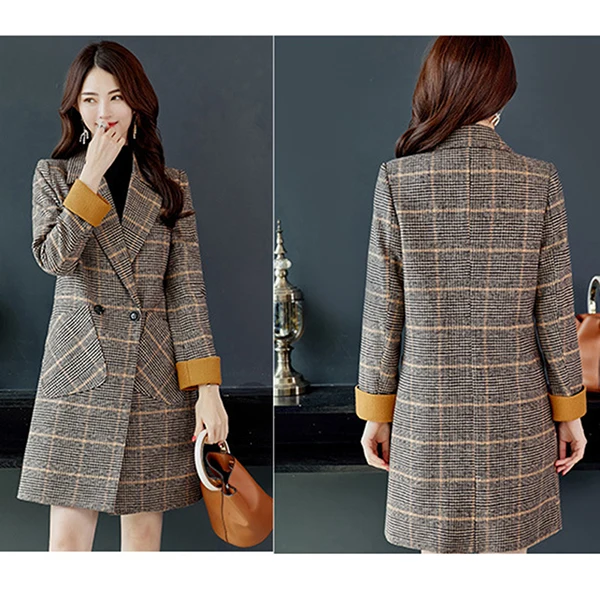 Шерстяное пальто с рисунком в клетку осень зима 2018 одной кнопки отложной