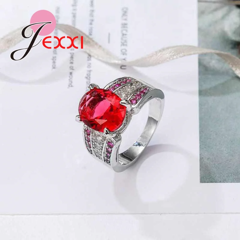 

Fashion Big Red CZ with Red & White Austrian Crystal Finger Rings 925 Sterling Silver for Women Girls Wedding Jewelry