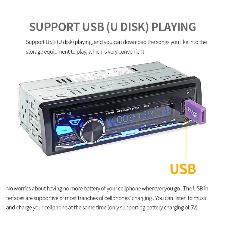 HEVXM/7003 Цвет свет MP3 плеер радио Автомобильный MP3-плеер 12 В BT стерео аудио в тире одного 1 Din aux Вход