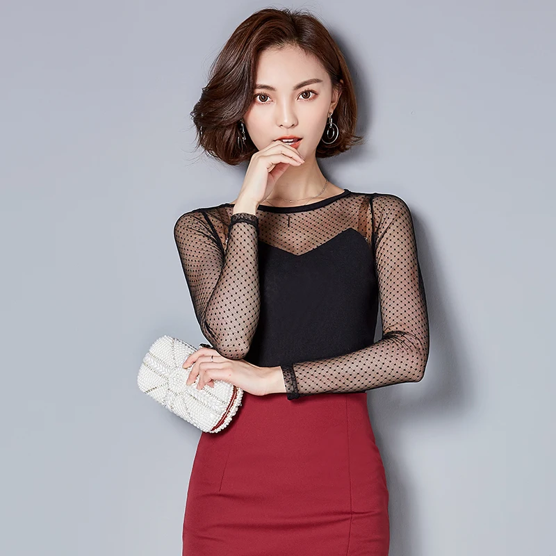 2017 New Womens Ladies Sexy Lace Hollow Design round neck long Sleeve black Blouses See Through Summer Tops Shirts Blusas 910J | Женская