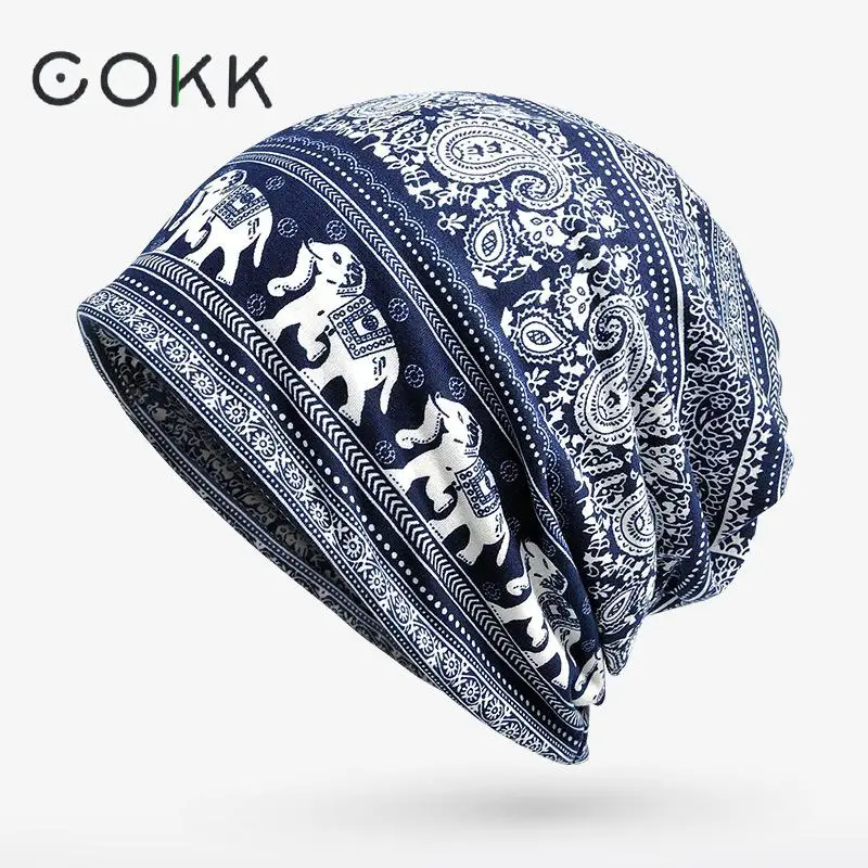 

COKK Turban Hat Female Winter Beanie Stocking Hats for Women Men Elephant Pattern Skullies Beanies Bonnet Cap Male Plus Velet