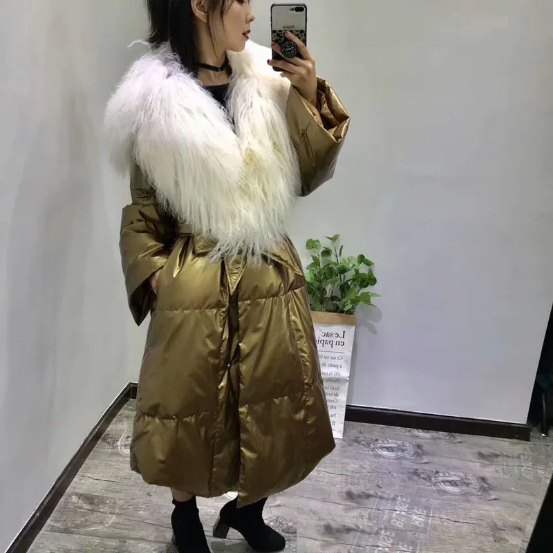 Длинная 90% белая женская зимняя куртка на утином пуху, Новая Модная парка, розовые пальто, doudoune femme hiver с большим шерстяным меховым воротником