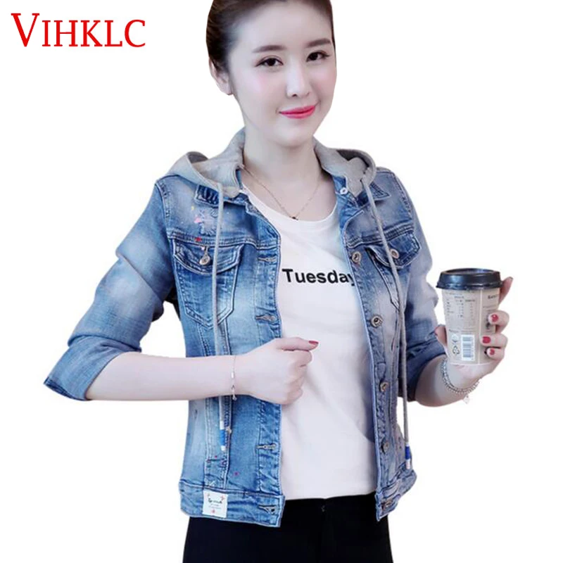 Vihklc новая свободная джинсовая куртка Для женщин осенняя тонкая с капюшоном