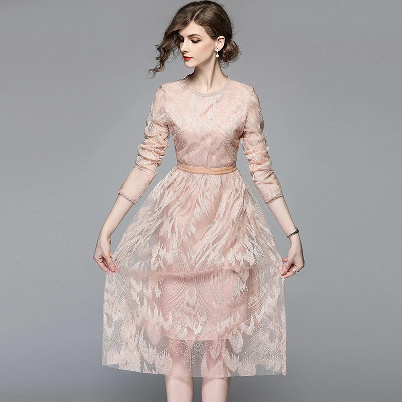 MUXU вышивка кружева Модное Элегантное Длинное платье vestidos jurken одежда летняя для