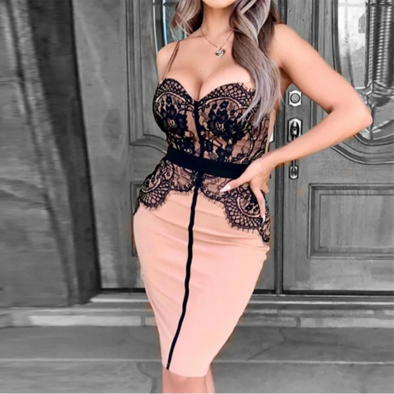 Женское Кружевное облегающее платье на тонких бретельках коктейльное для