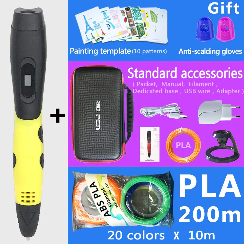 Yellow pen 200m PLA 3d Ручка 3d ручки, подарок на год для детей подарок на день рождения Рождество, 3 d Ручка 3d модель, творческий 3d печать Ручка, 1,75 мм ABS/PLA нити - Цвет: Yellow pen 200m PLA