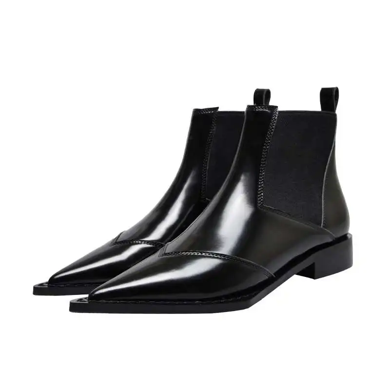 

Lenkisen superstar pointed toe low heels slip on British sstyle black chelsea boots full grain leather autumn ankle boots L62