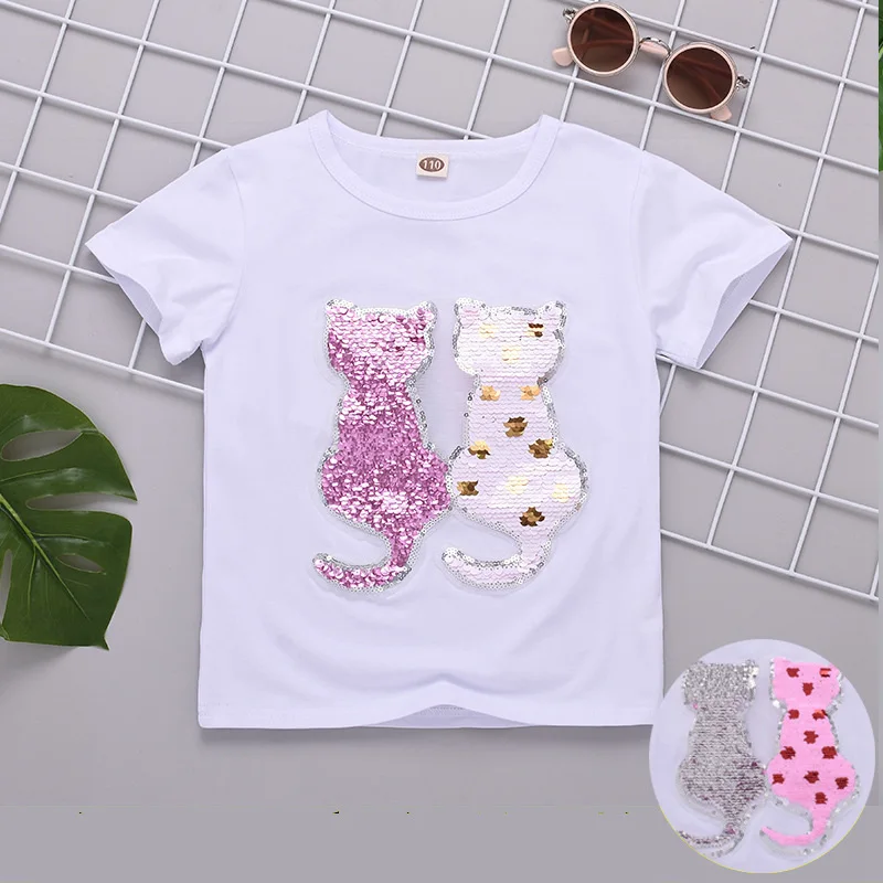 White (tow cat) Футболка с блестками для маленьких девочек г. Летние топы, Детская футболка для девочек, одежда Топ для девочек-подростков, детские футболки разных цветов - Цвет: White (tow cat)