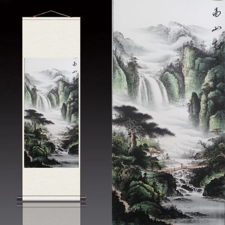 Альпийский водопад Zhaocai пейзаж Висячие свитки каллиграфия шелковая
