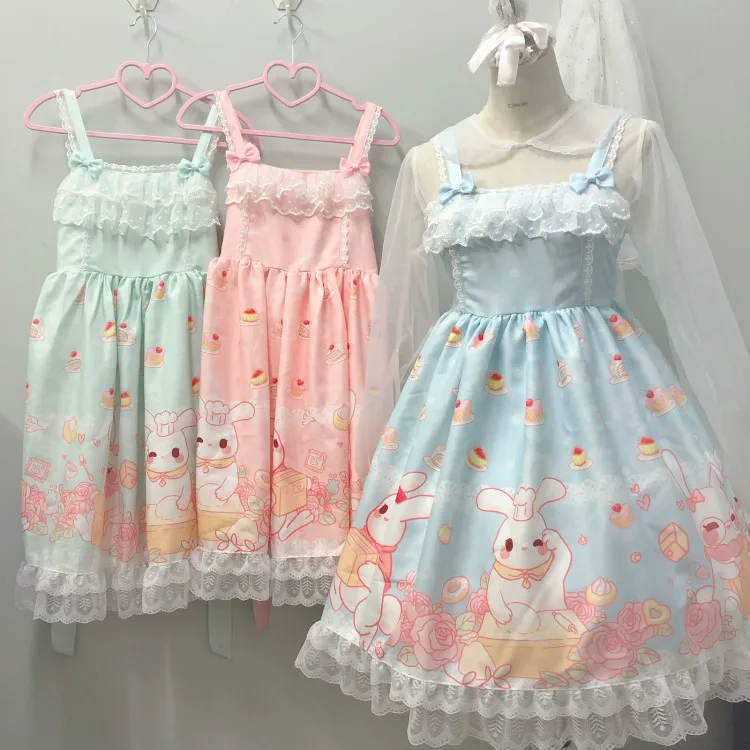 

Kawaii Japanese soft sister Lolita daily dress jsk strap dress female cute rabbit rose Lolita dress cute