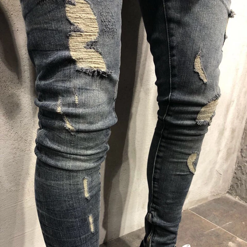 Mens Side Zipper Punk Biker Jeans Ripped Blue Skinny Slim Denim Distressed Washed Hip Hop Long Trousers Pants | Мужская одежда
