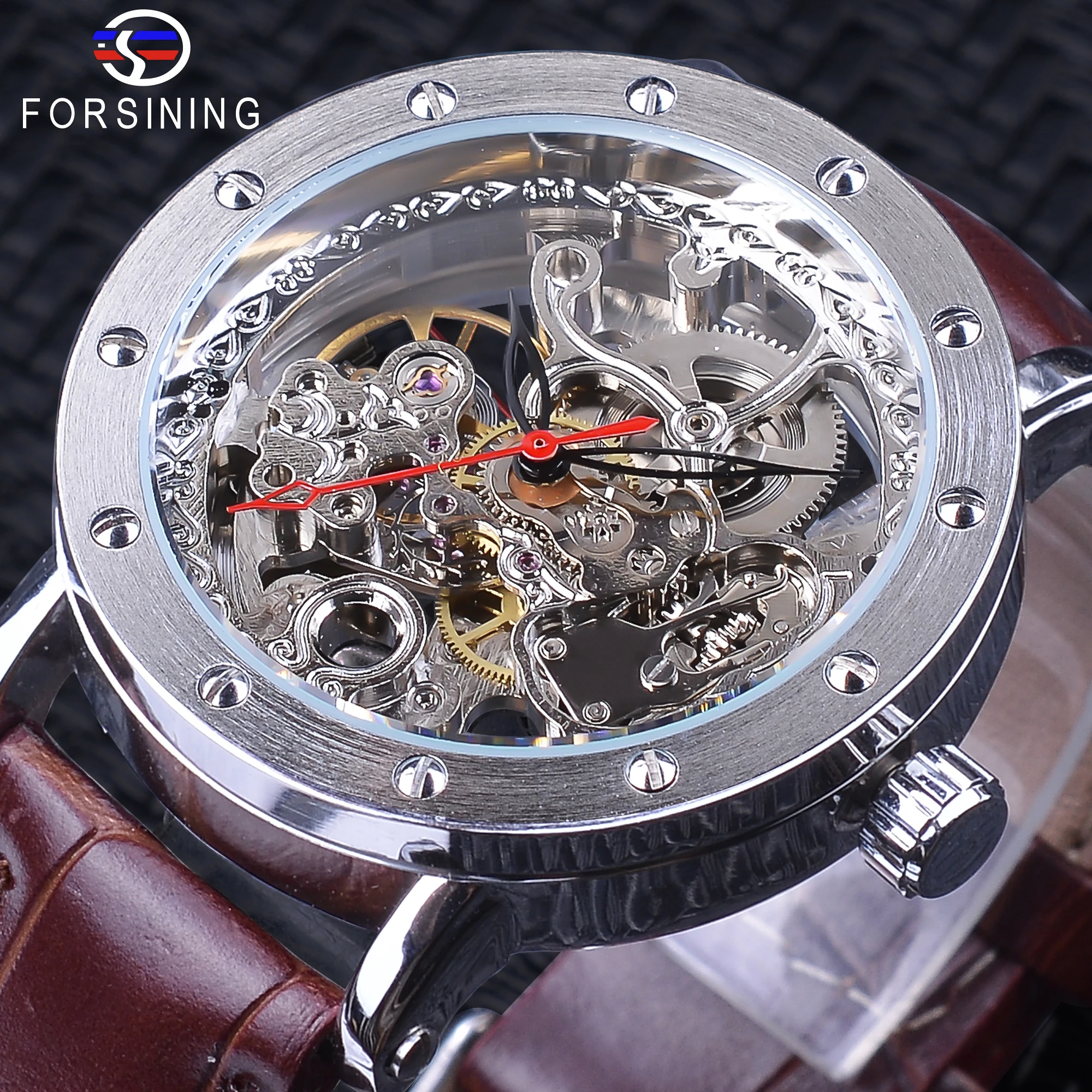 

Forsining New Skeleton Waches Male Brown Genuine Leather Band Water resistant Automatic Watches for Men Top Brand Luxury Clock