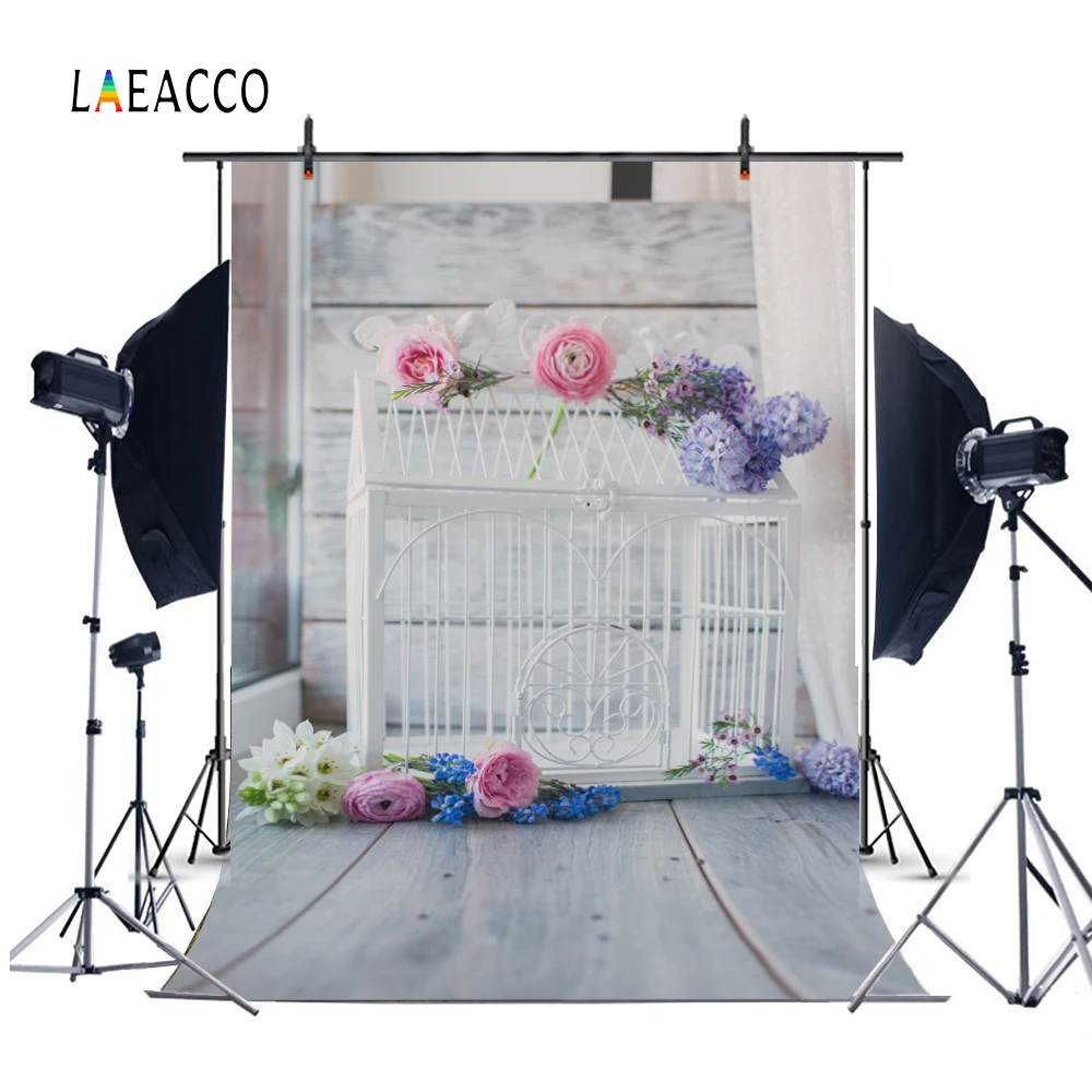 Laeacco Flowers Cage Wooden Floor Baby Birthday Party Portrait Photography Backgrounds Photographic Backdrops For Photo Studio |