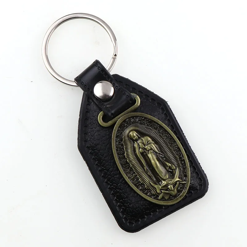 

PU Leather KeyChains Blessed Our Lady of Guada pendants for Men Black Tag Antique Bronze Plated Hook Key Holder Car Key Holder