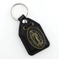 pu leather keychains blessed our lady of guada pendants for men black tag antique bronze plated hook key holder car key holder