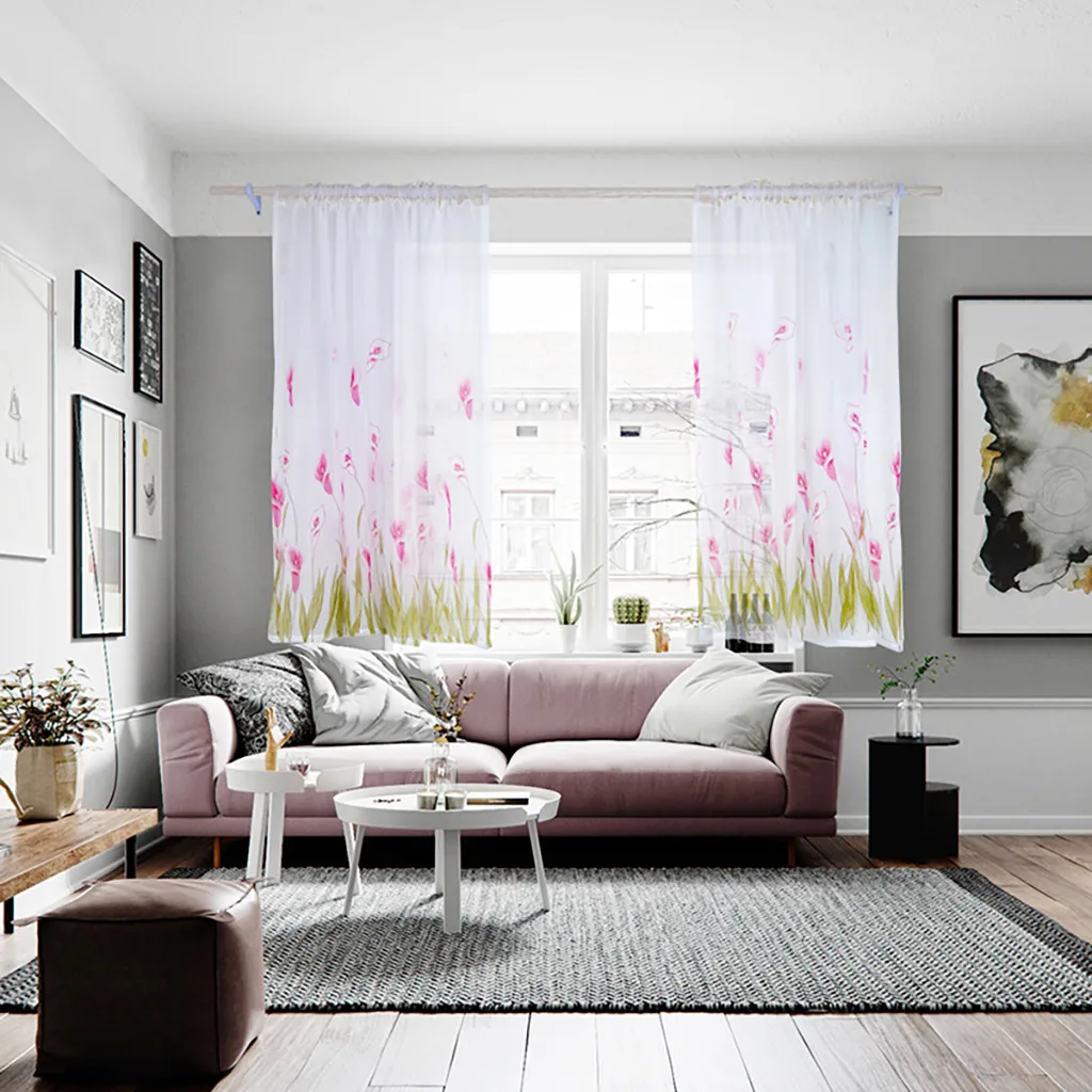 Pink 200x150cm Curtains For Living Room Daffodil Flower Print Tulle Curtain Handle Tulle Coveted 1 FabricWindow Decoration 67 - Цвет: Pink