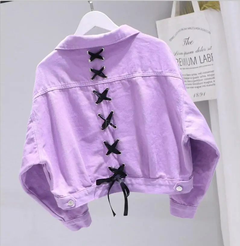 Весенняя женская цветная джинсовая куртка с лентами для студентов Harajuku BF, женская джинсовая куртка-бомбер, однотонная женская куртка ярких цветов - Цвет: Лаванда