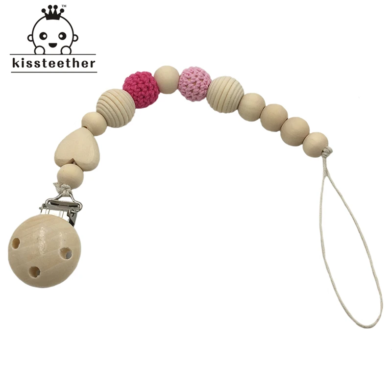Neutral color baby Pacifier Clip Holder with beech Animal Shaped Pendant Dummy holder Crochet beads new-born gift | Мать и ребенок