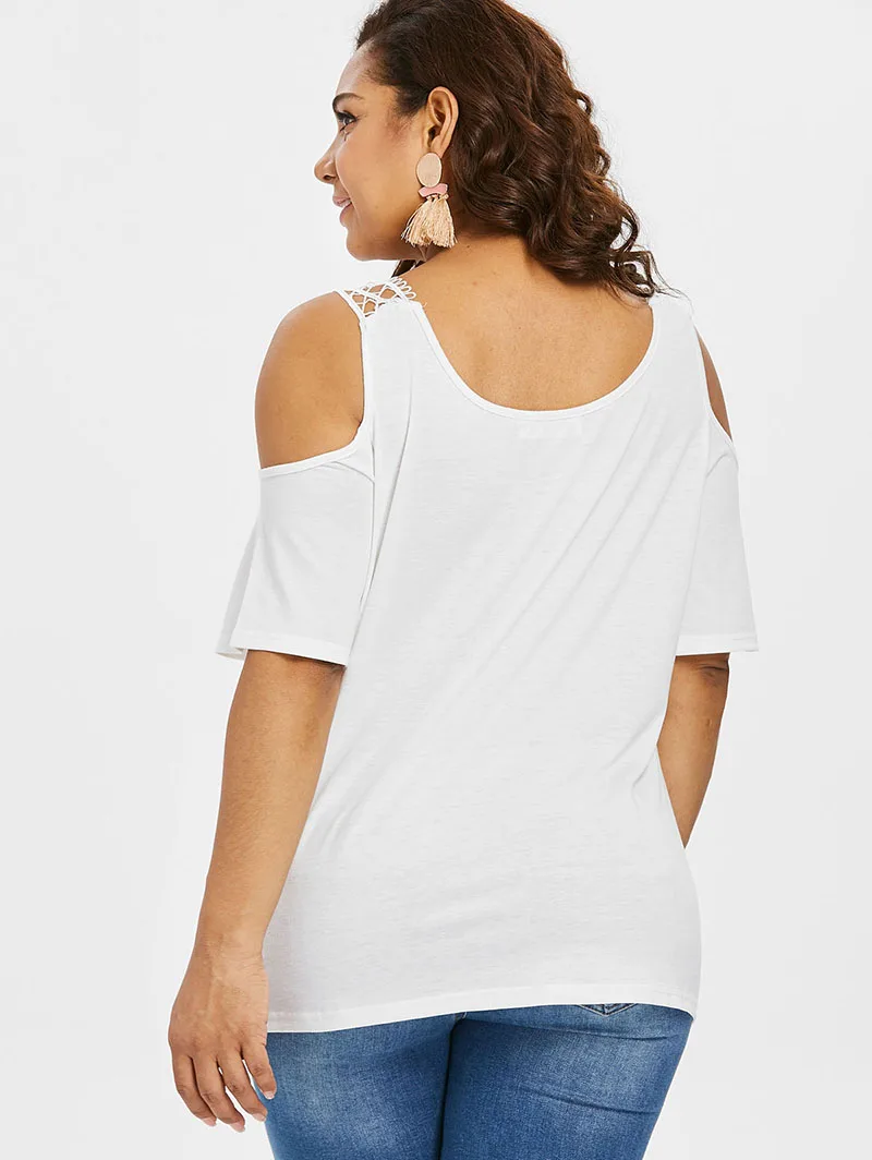 PlusMiss Plus Size 5XL Sexy Off the Shoulder White Lace Crochet Blouse Women Short Sleeve Tops Summer Big XXXXL XXXL XXL |