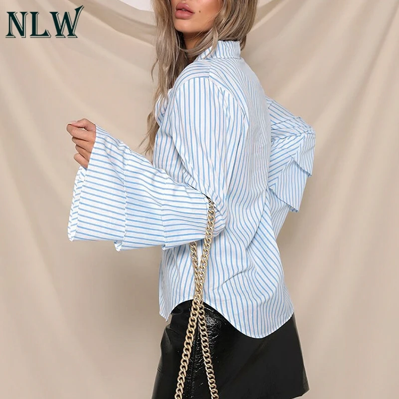 NWL блузка с оборками и расклешенными рукавами Женская Осенняя Блуза в полоску