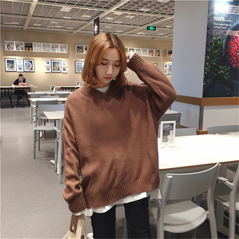 RUGOD Korean Style Casual Sweater Crocheted Pullover Women 2018 Fashion Spring Sexy V neck Long Sleeve Loose Jumper | Женская одежда