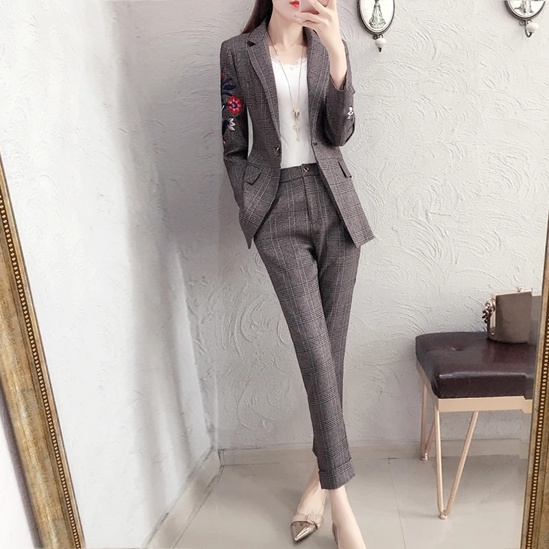 High-quality Embroidery casual suit suit women's spring and autumn new retro Slim suit fashion Plaid pants two sets TB1810