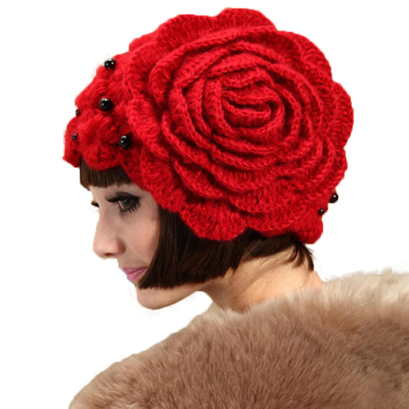 Женские вязаные шапки FS Элегантные с фиолетовыми цветами и бусинами на осень