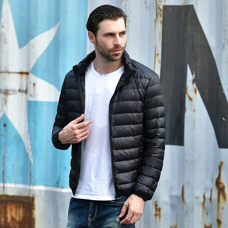 2018 Winter Lightweight Thin 90% White Duck Down Jacket Men Casual Ultralight Male Boy's Coat Slim Stand Collar Solid Parka | Мужская