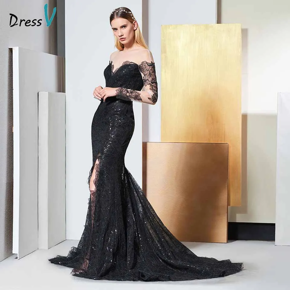 Женское вечернее платье в пол Dressv черное элегантное кружевное с длинными