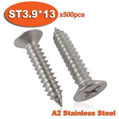

500pcs DIN7982 ST3.9 x 13 A2 Stainless Steel Self Tapping Screw Cross Recessed Countersunk Head Self-tapping Screws