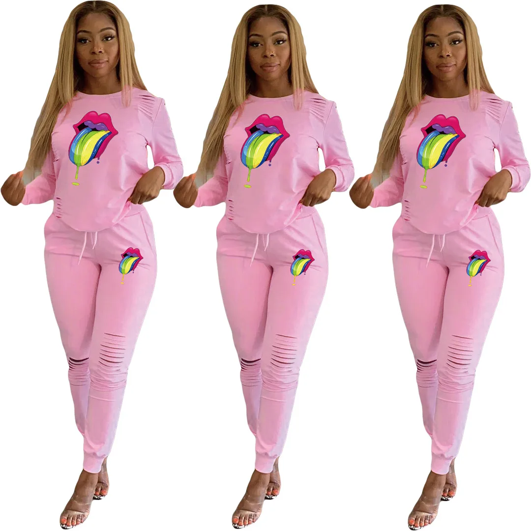 Осенний Новый женский комплект из 2 предметов одежды розовый принт с большими