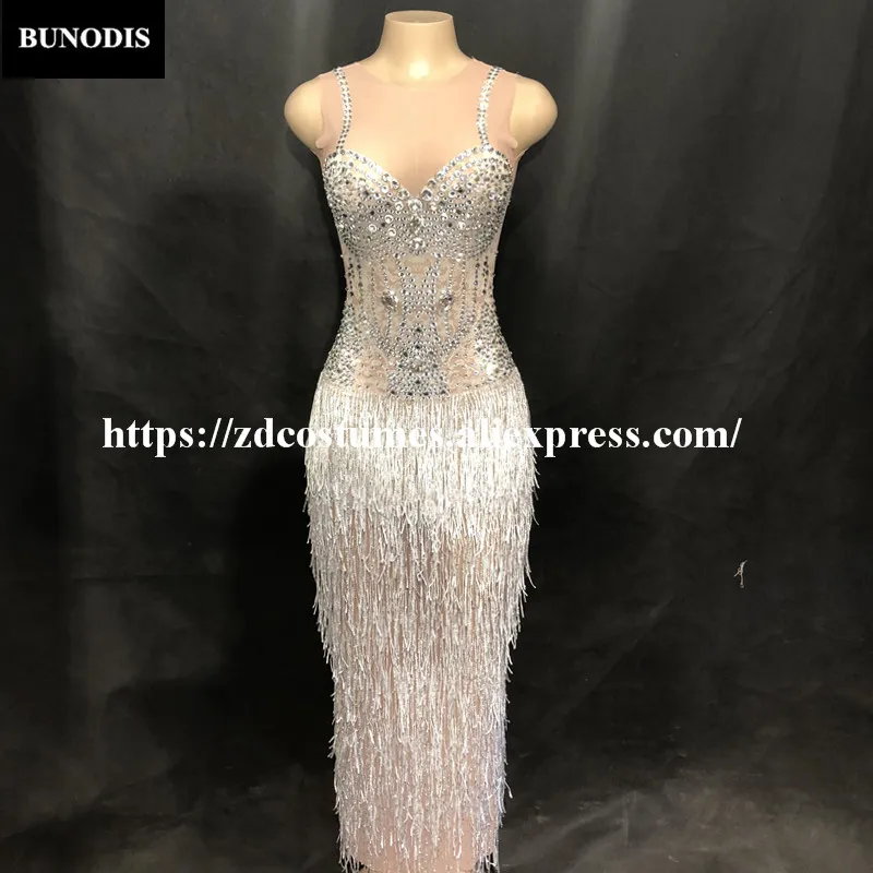 ZD287 Women Sexy Silver Tassel Long Skirt Sleeveless Big Sparkling Crystals Nightclub Party Performance Dancer Singer Stage Wear